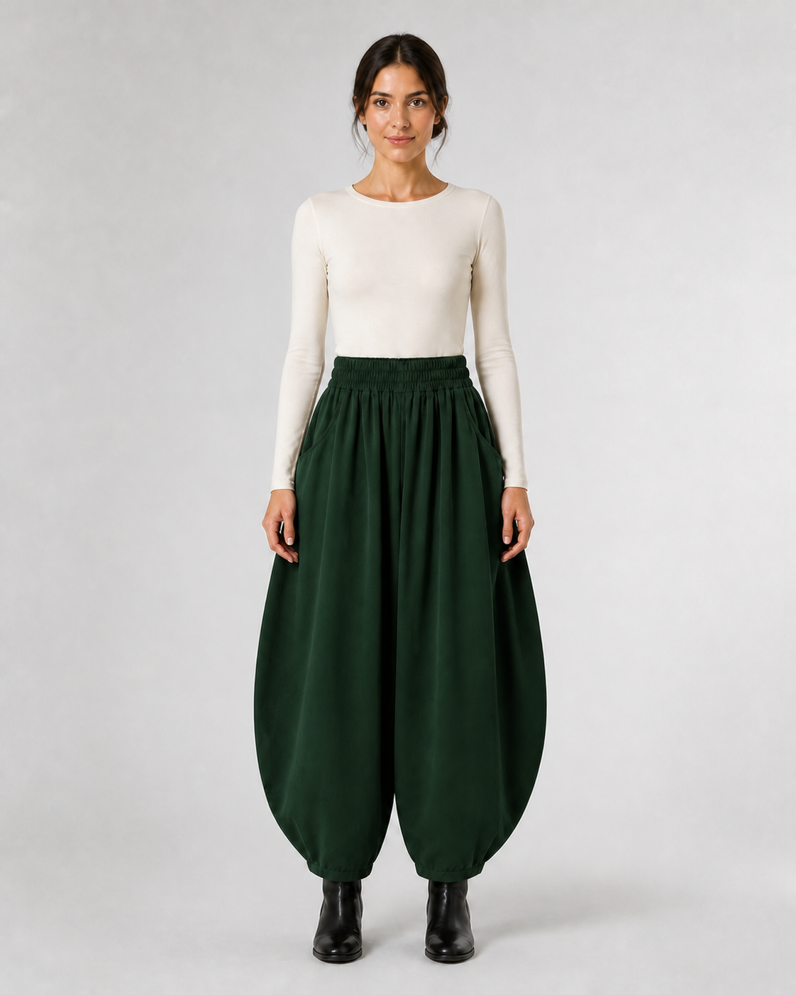 Pantalón Harem de Cintura Elástica · verde oscuro · modelo frontal