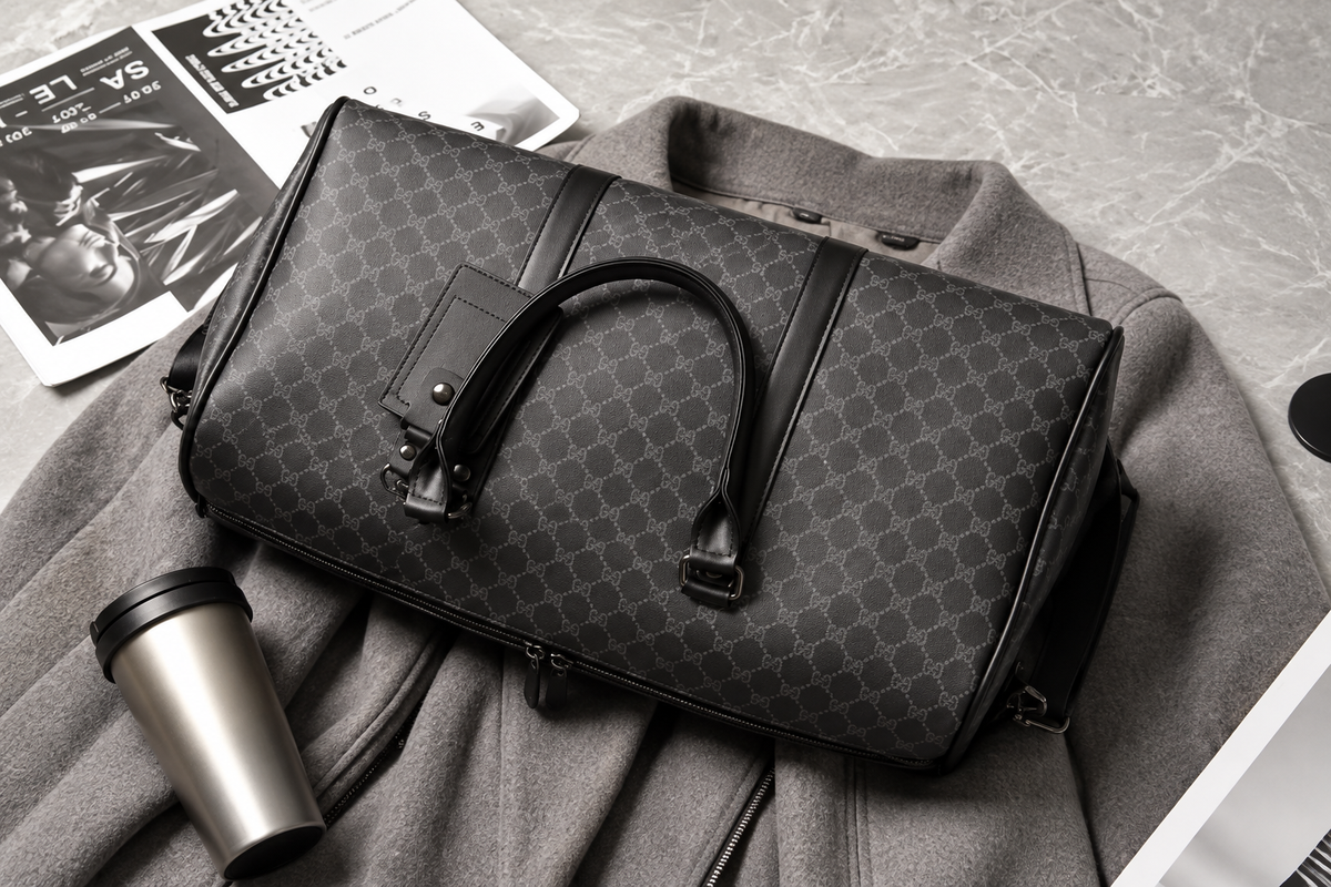 Signature Travel Bag sobre chaqueta gris