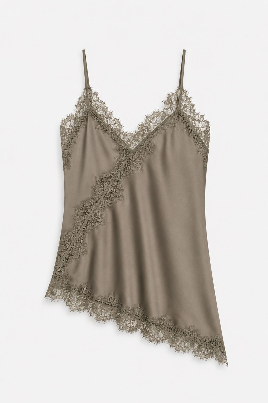 Top asimétrico satinado con encaje caqui / taupe, prenda vista de frente