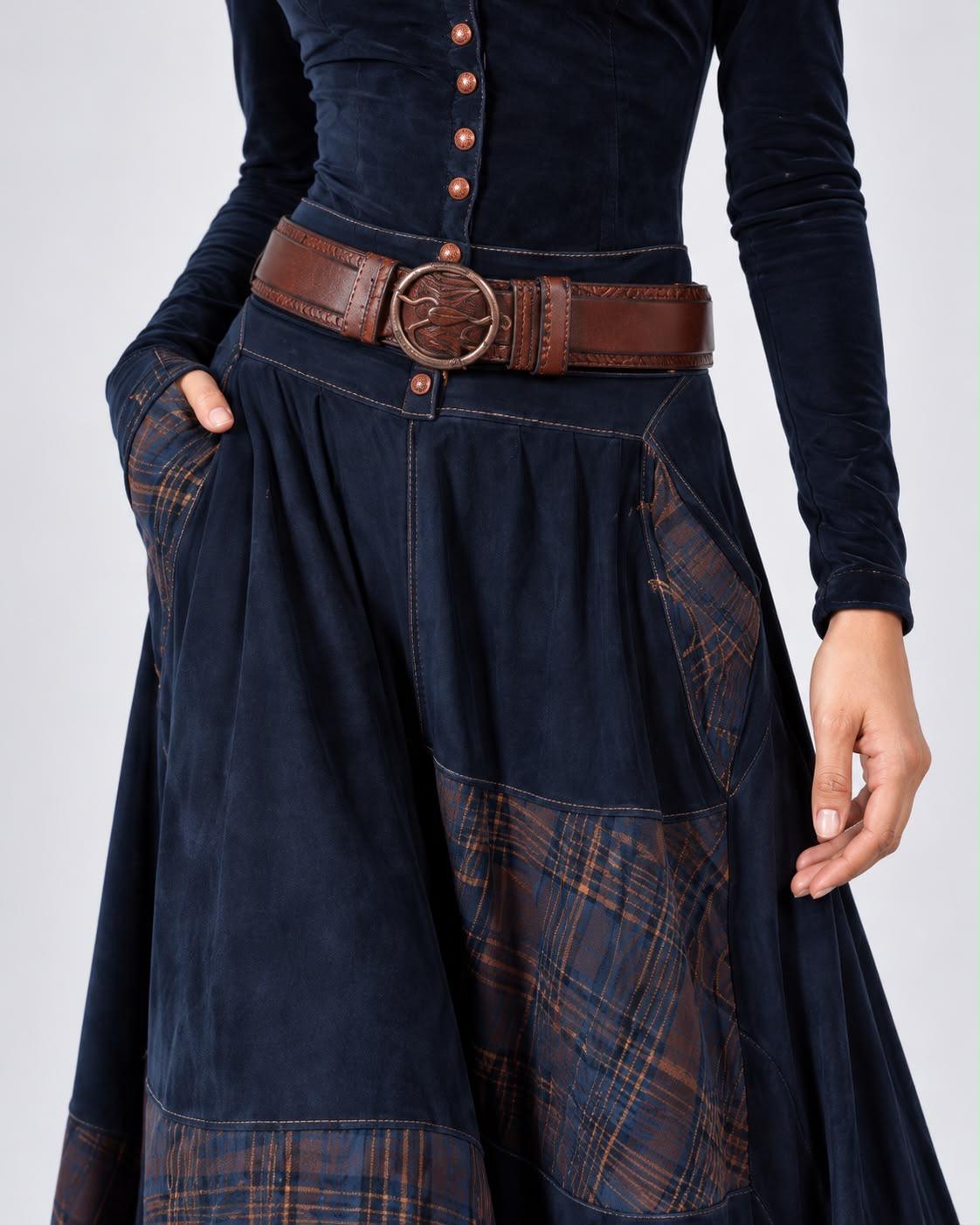 Vestido Ariane Vintage azul - detalle de falda y cinturón