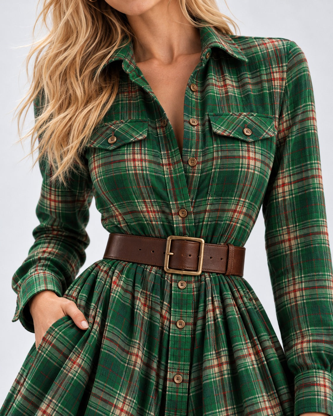 Vestido Edimburgo Tartán verde - detalle de cintura