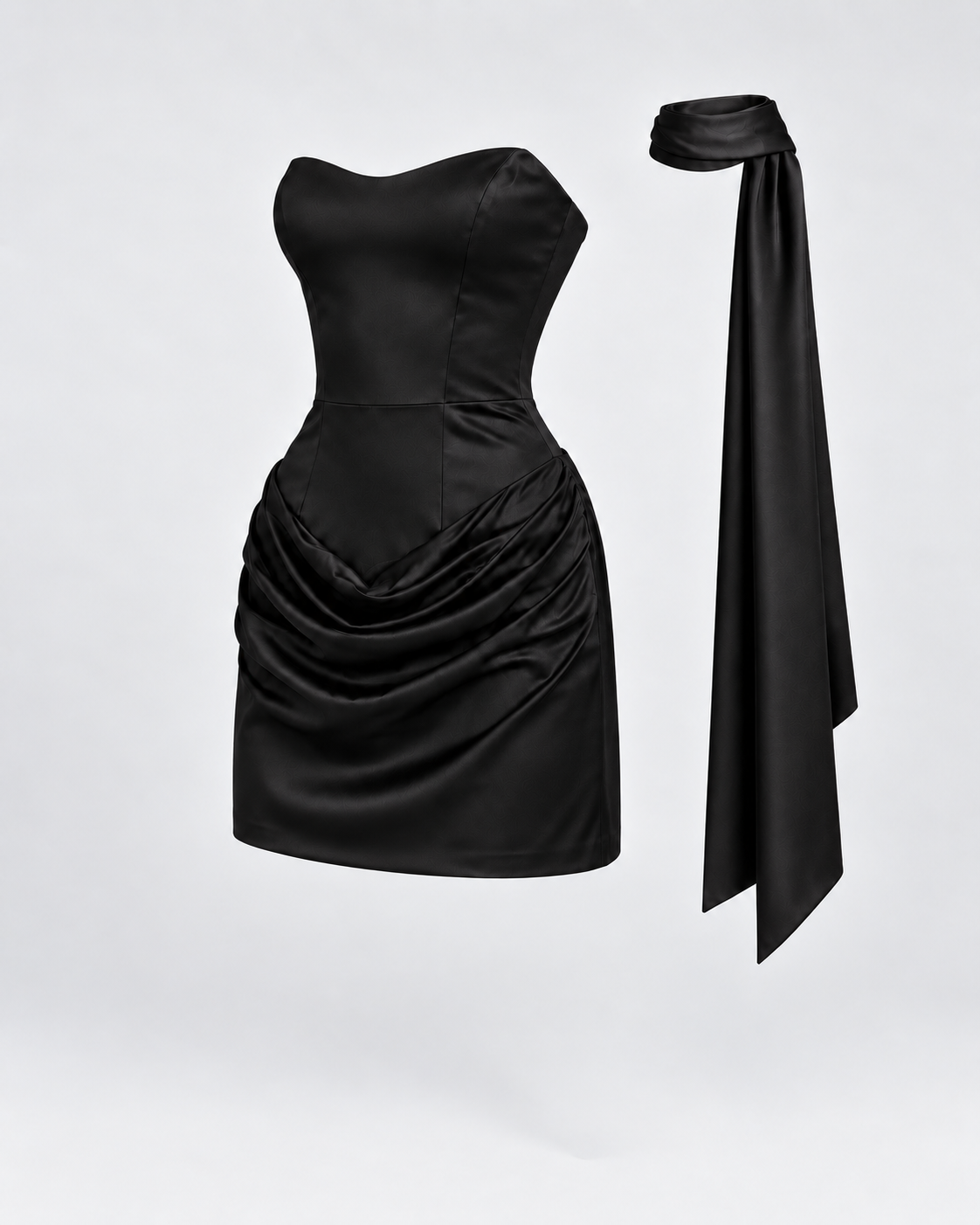 Vestido Mónaco Satin Negro, vista a 45 grados de la prenda sola