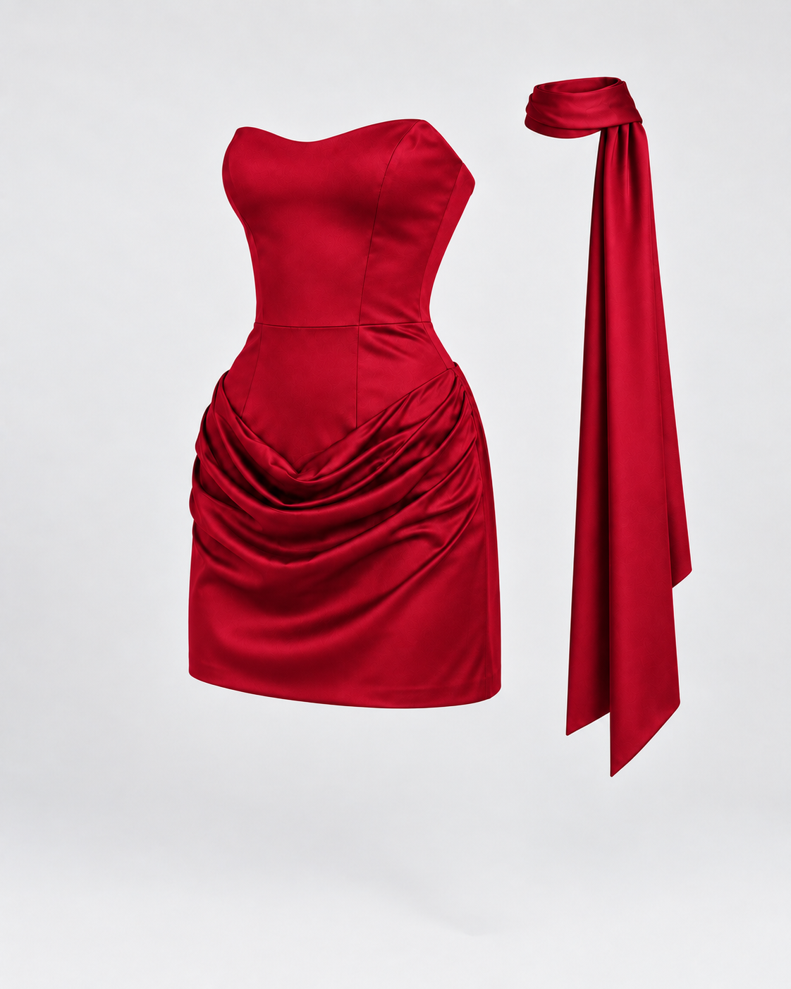Vestido Mónaco Satin Rojo, vista a 45 grados de la prenda sola