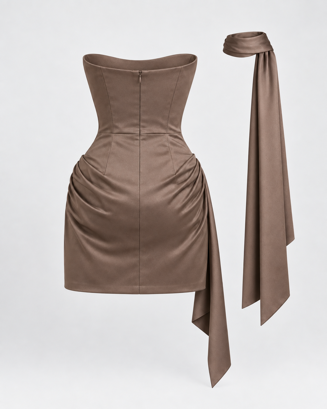 Vestido Mónaco Satin Marrón arena, vista posterior de la prenda sola