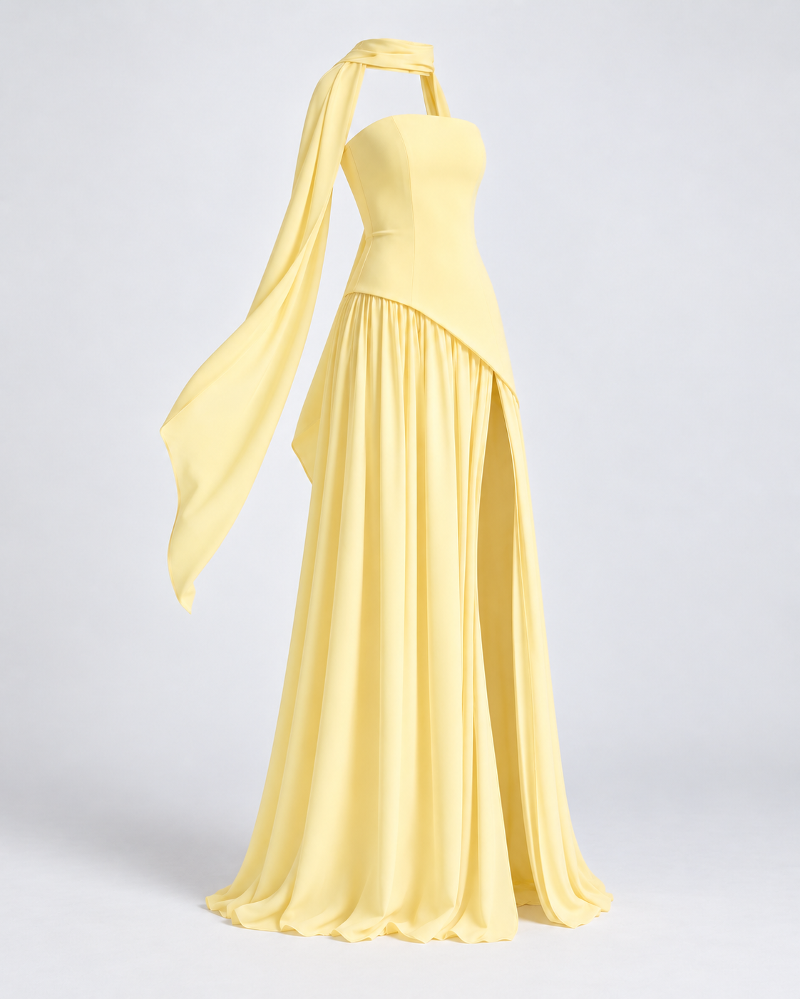 Vestido Siena Drape amarillo pastel — vista 45 grados de la prenda