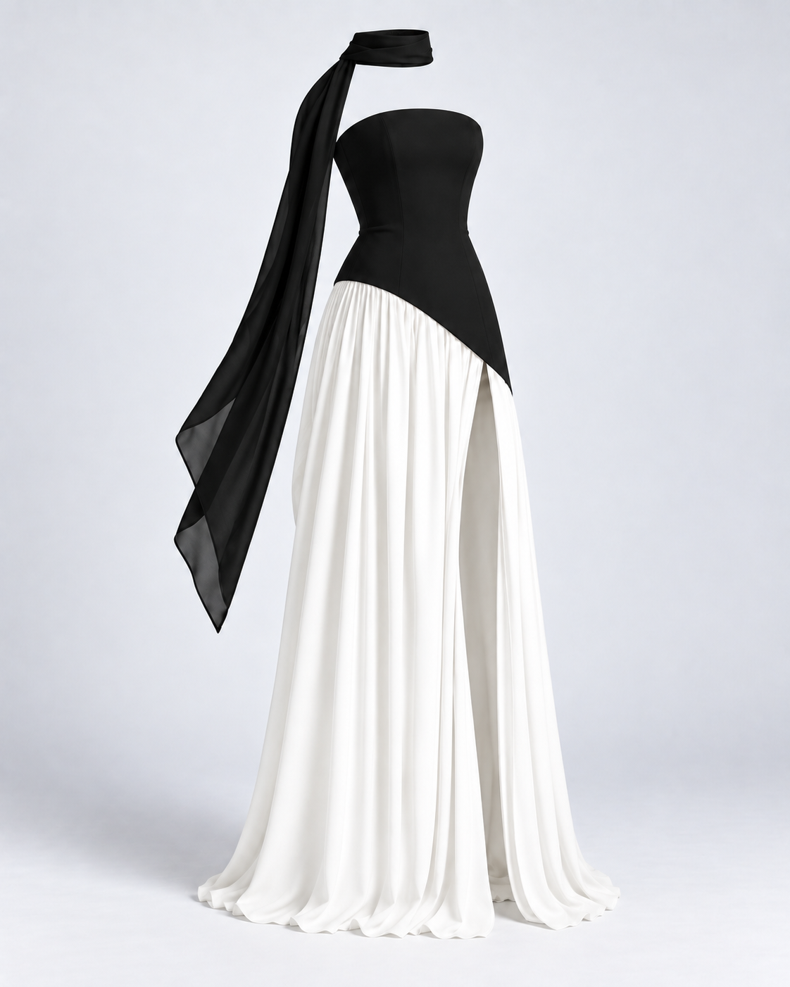 Vestido Siena Drape negro y blanco — vista 45 grados de la prenda