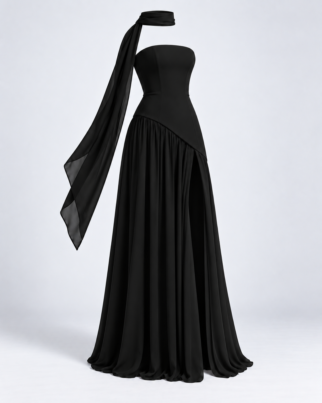 Vestido Siena Drape negro — vista 45 grados de la prenda