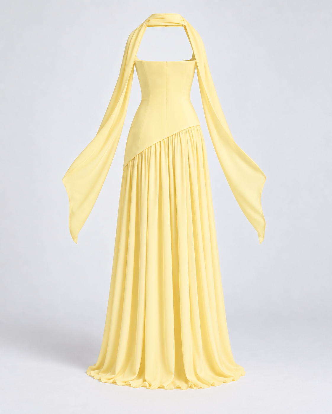 Vestido Siena Drape amarillo pastel — espalda de la prenda