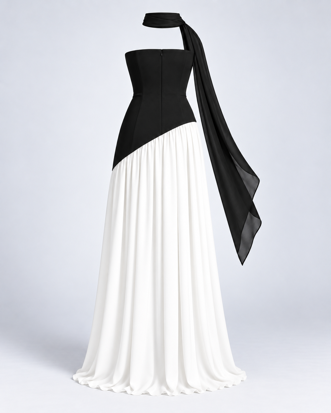 Vestido Siena Drape negro y blanco — espalda de la prenda
