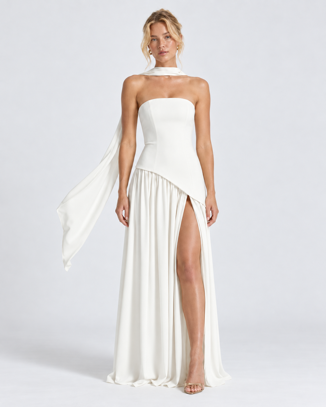 Vestido Siena Drape blanco — modelo de frente