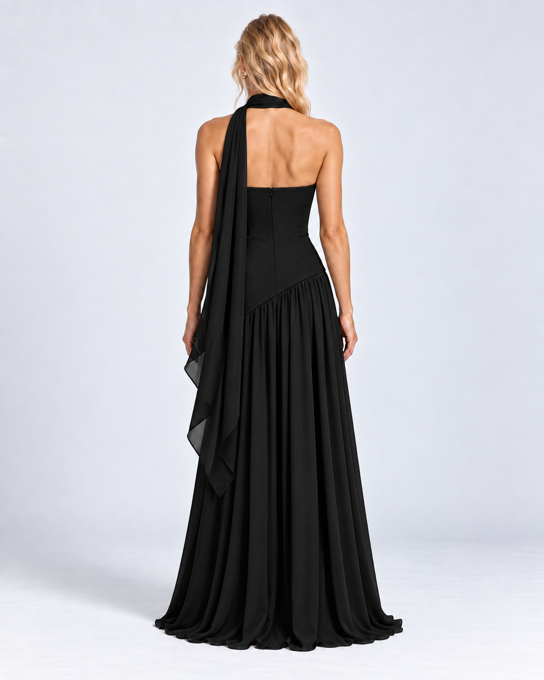 Vestido Siena Drape negro — modelo de espalda