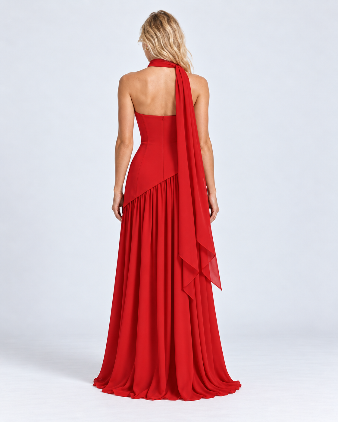 Vestido Siena Drape rojo — modelo de espalda