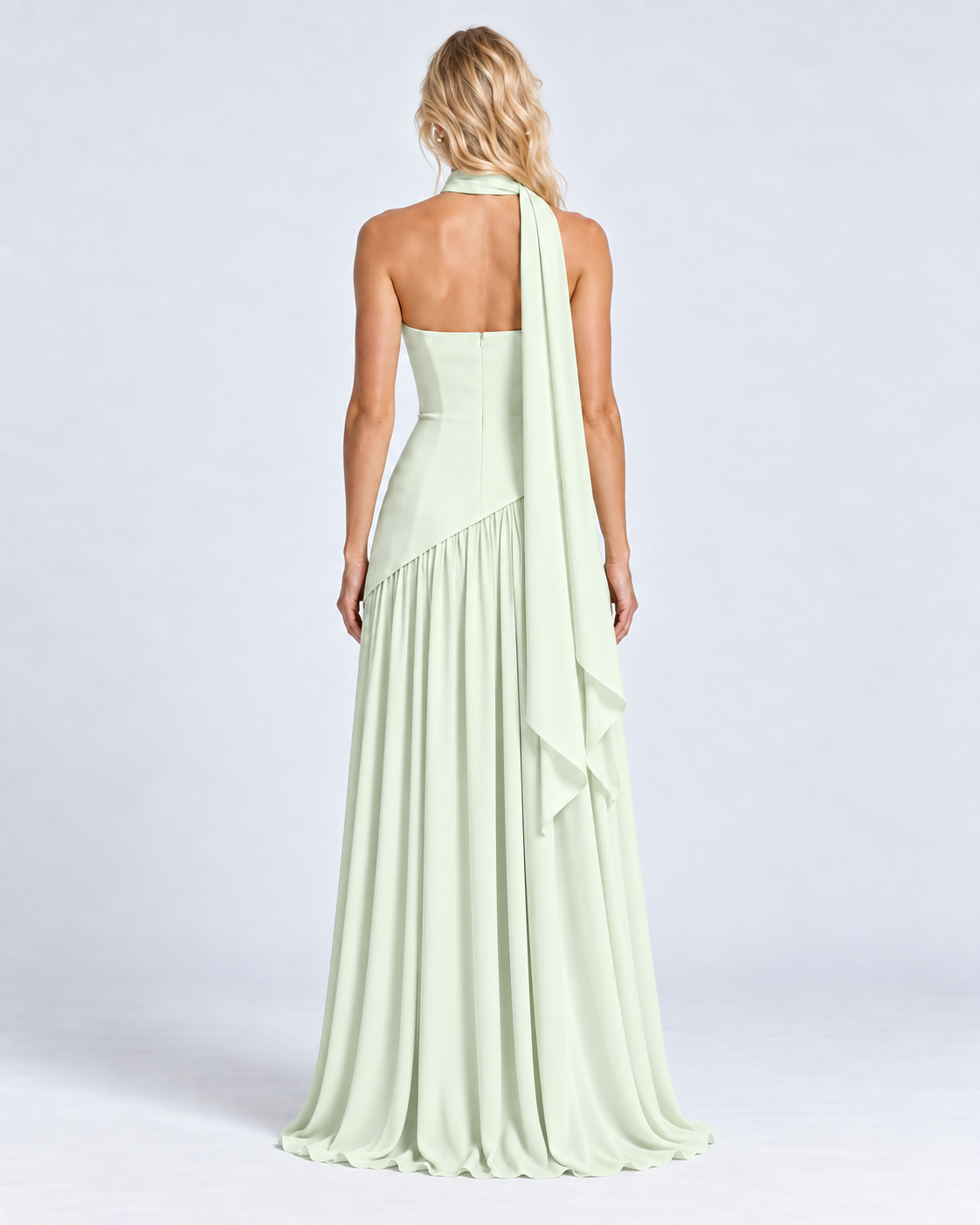 Vestido Siena Drape verde menta — modelo de espalda