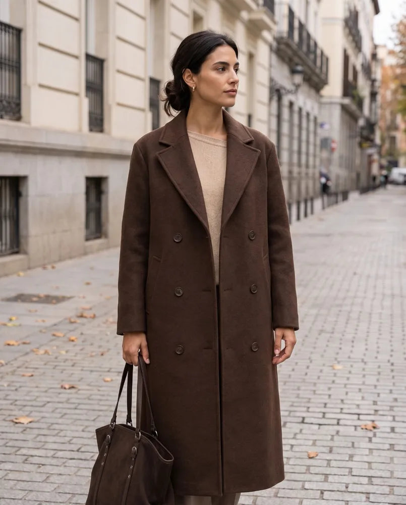 Mujer con abrigo largo marrón, jersey beige y bolso de ante marrón caminando por una calle europea